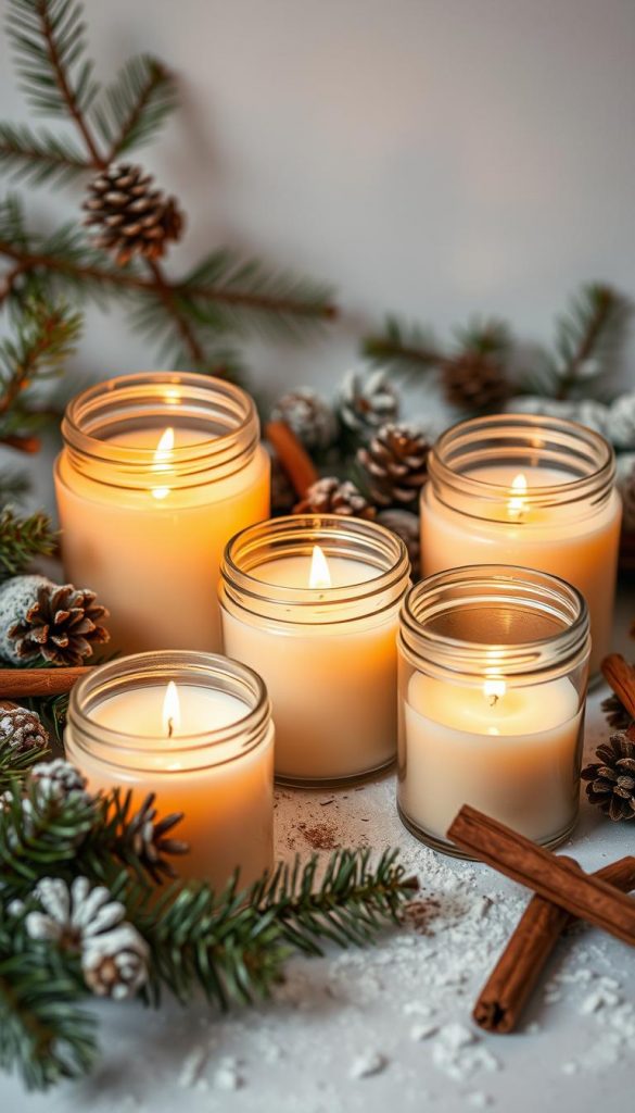 A cozy still life arrangement with hand-poured soy wax candles in clear glass jars, adorned with festive pine branches, cinnamon sticks, and a sprinkling of powdered sugar. The candles emit a warm, soothing glow, casting a soft, inviting ambiance across the scene. Soft, diffused lighting bathes the composition, highlighting the natural textures and hues of the materials. The overall mood evokes a sense of hygge, a celebration of the winter season and the simple pleasures of homemade comforts.