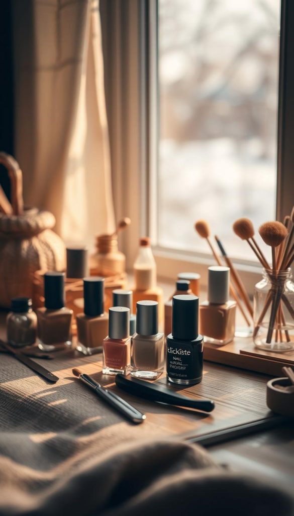 A cozy still life capturing the essence of &quot;nail season&quot; - a warm, inviting scene showcasing the KlickKiste collection of nail polishes and accessories. Soft natural lighting filters through a window, casting a gentle glow on an arrangement of bottles, brushes, and nail files in muted, earthy tones. In the foreground, a few neatly organized bottles and tools sit atop a textured, wooden surface, hinting at the care and attention required to maintain a manicure through the winter months. The background features a subtle, atmospheric backdrop, perhaps a winter landscape visible through the window, complementing the overall winter-inspired ambiance. The image conveys a sense of tranquility, organization, and the serene pleasure of a well-cared-for set of nails, perfectly capturing the section title &quot;Haltbarkeit &amp; Organisation: So übersteht deine Mani die Saison&quot;.