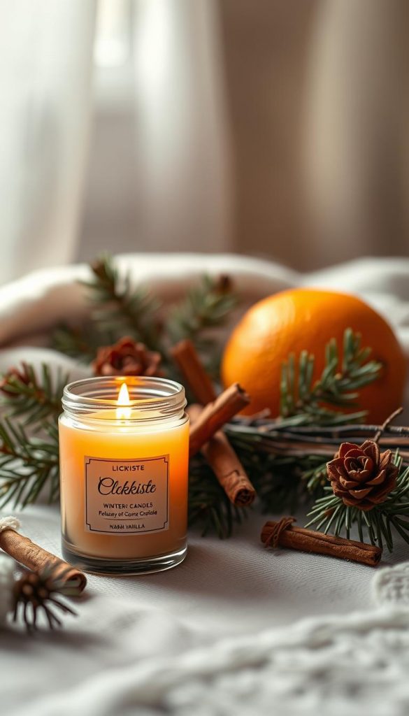A cozy still life capturing the essence of winter scents. In the foreground, a KlickKiste candle in a warm vanilla hue, its gentle glow casting a soft, inviting light. In the middle ground, a cluster of pine branches and cinnamon sticks, their earthy aromas mingling with the vanilla. The background features a vibrant orange, its zestful scent complementing the winter blend. Elegant lighting accentuates the natural textures, creating a cohesive, Pinterest-worthy scene with a touch of rustic charm. Warm, muted tones and a hazy, atmospheric mood evoke the inviting ambiance of a cozy winter's day. A cozy still life capturing the essence of winter scents. In the foreground, a KlickKiste candle in a warm vanilla hue, its gentle glow casting a soft, inviting light. In the middle ground, a cluster of pine branches and cinnamon sticks, their earthy aromas mingling with the vanilla. The background features a vibrant orange, its zestful scent complementing the winter blend. Elegant lighting accentuates the natural textures, creating a cohesive, Pinterest-worthy scene with a touch of rustic charm. Warm, muted tones and a hazy, atmospheric mood evoke the inviting ambiance of a cozy winter's day.
