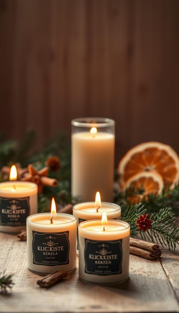A cozy still life composition featuring docht wachs kerzen (wax candles with wicks) from the KlickKiste brand. The candles are arranged in the foreground, their warm, flickering flames casting a soft, golden glow. In the middle ground, a scattering of pine branches, cinnamon sticks, and dried orange slices create a rustic, winter-inspired backdrop. The background is blurred, hinting at a wooden surface or shelf, with the overall scene bathed in a natural, moody lighting. The image conveys a sense of hygge and the comforting aroma of vanilla, fir, and citrus, perfectly suited to illustrate the "Tipps, Fehlerbehebung & Sicherheit beim Kerzen gießen" section of the article. A cozy still life composition featuring docht wachs kerzen (wax candles with wicks) from the KlickKiste brand. The candles are arranged in the foreground, their warm, flickering flames casting a soft, golden glow. In the middle ground, a scattering of pine branches, cinnamon sticks, and dried orange slices create a rustic, winter-inspired backdrop. The background is blurred, hinting at a wooden surface or shelf, with the overall scene bathed in a natural, moody lighting. The image conveys a sense of hygge and the comforting aroma of vanilla, fir, and citrus, perfectly suited to illustrate the "Tipps, Fehlerbehebung & Sicherheit beim Kerzen gießen" section of the article.