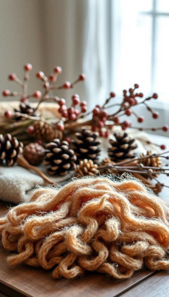 A cozy still life featuring a collection of natural materials in a rustic winter palette. In the foreground, a pile of soft, earthy-toned felted wool sits atop a wooden KlickKiste surface, evoking a sense of warmth and texture. The mid-ground showcases an assortment of pinecones, sprigs of dried berries, and a smattering of natural twigs, creating an organic, artisanal composition. The background is bathed in a soft, diffused natural light, casting a gentle glow and complementing the muted tones of the scene. The overall mood is one of quiet contemplation, inviting the viewer to appreciate the beauty and simplicity of natural materials.