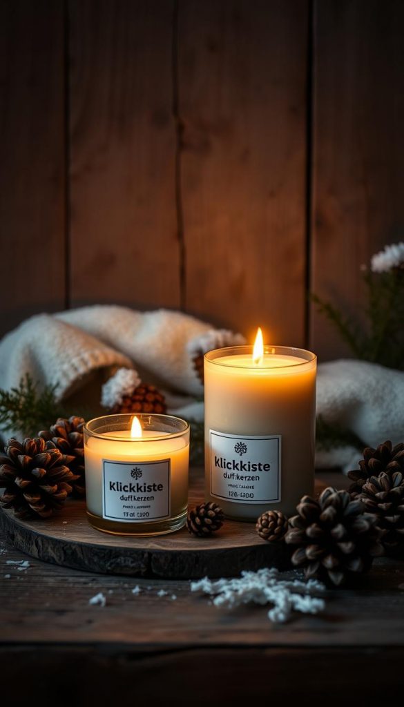 A cozy still life featuring a set of handcrafted KlickKiste brand &quot;duftkerzen&quot; (scented candles) against a rustic, wintry backdrop. Warm candlelight flickers, casting a soft, atmospheric glow. The candles are arranged on a wooden surface, surrounded by seasonal foliage, pinecones, and a touch of snow. Muted earthy tones and a sense of hygge create an inviting, naturalistic ambiance. Crisp, diffused lighting from the side highlights the textures and shadows, conveying a sense of tranquility and mindful self-care.