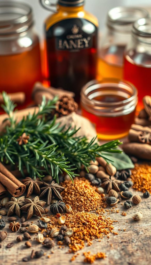 A cozy still life featuring an assortment of aromatic spices and herbs arranged on a rustic wooden surface. In the foreground, a selection of whole and ground spices such as cinnamon sticks, star anise, cloves, and cardamom pods are scattered artfully. In the middle ground, fresh sprigs of rosemary, thyme, and bay leaves add pops of green to the composition. Behind them, glass jars filled with honey, maple syrup, and other winter elixirs create a sense of depth and warmth. The lighting is soft and diffused, casting a golden glow over the scene and evoking the cozy atmosphere of a homemade winter drink. The overall mood is one of natural simplicity, inviting the viewer to imagine the flavors and aromas of these soothing, handcrafted ingredients.