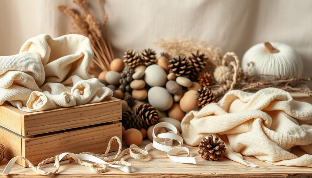 A cozy still life featuring an assortment of natural, DIY-friendly materials. In the foreground, a wooden KlickKiste box overflows with an array of beige and white fabrics, ribbons, and twine. In the middle ground, a collection of smooth stones, pinecones, and dried flora in earthy tones are neatly arranged. The background is filled with a warm, soft-focus lighting, casting a natural, inviting glow. The overall mood is one of rustic simplicity, reflecting the "Produktempfehlungen und Beispiele: Tools, Deko und Küchenzubehör zum Nachstylen" section of the article.