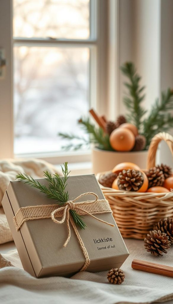 A cozy still life featuring natural and sustainable packaging ideas for the home. In the foreground, a KlickKiste box wrapped in burlap and tied with a rustic twine bow, accented with sprigs of fragrant evergreen. In the middle ground, an arrangement of pinecones, dried oranges, and cinnamon sticks in a simple woven basket. In the background, a window overlooks a snowy winter landscape, casting a warm glow. Soft, diffused lighting creates an intimate, inviting atmosphere. Tones of sage, amber, and cream evoke the soothing, seasonal aesthetic. An image that inspires DIY projects and eco-friendly, handmade gift wrap ideas for the home.