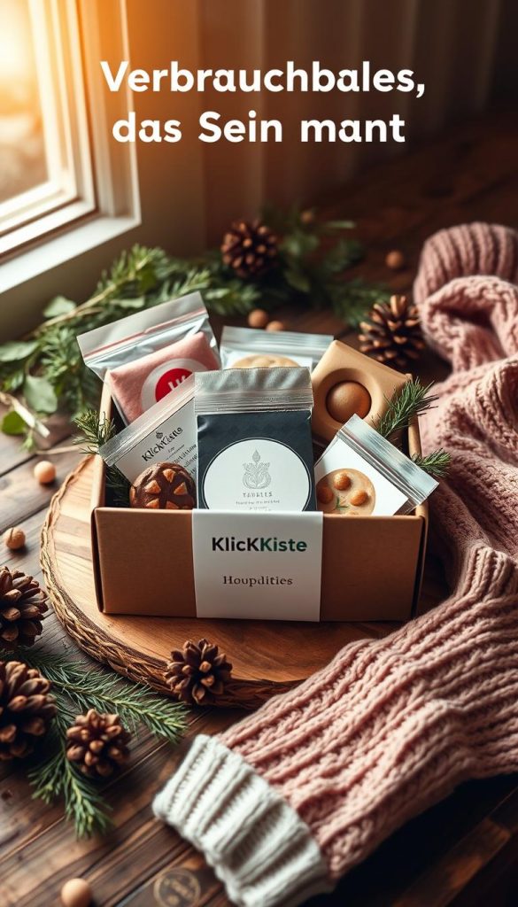 A cozy still life of a KlickKiste box filled with natural, homemade treats. The box sits on a rustic wooden surface, surrounded by sprigs of greenery, pinecones, and a pair of hand-knitted socks. Warm, golden lighting casts a soft glow, evoking a winter's day and a Pinterest-inspired aesthetic. The composition emphasizes the simplicity and thoughtfulness of a consumable, handmade gift, capturing the essence of &quot;Verbrauchbares, das Sinn macht.&quot;