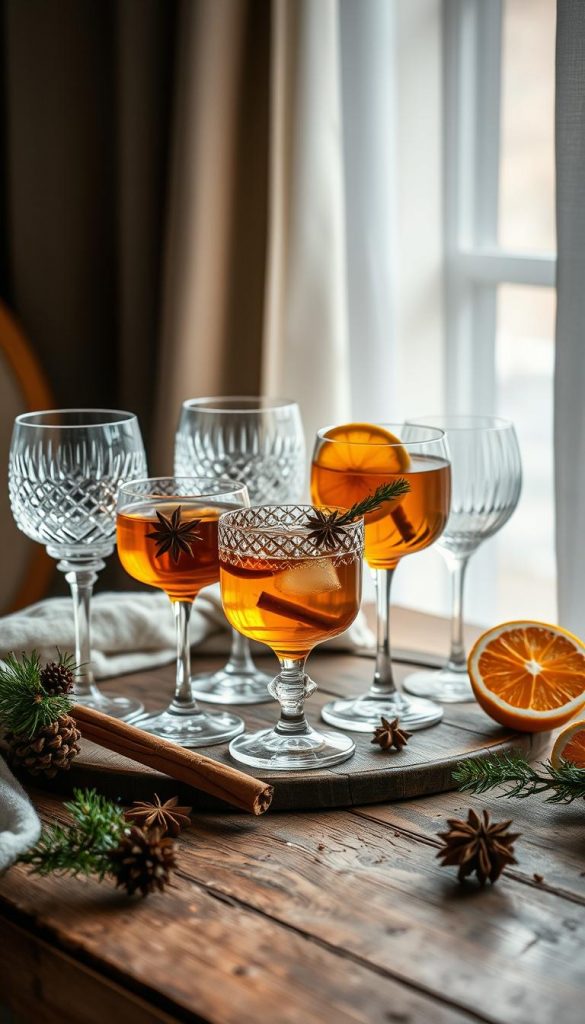 A cozy still life of artfully arranged winter drink glasses. Elegant crystal tumblers and stemware in a soft, natural palette - amber, moss, and steel. Nestled on a rustic wooden surface, the glassware is illuminated by warm, soft light filtering through sheer curtains. Subtle hints of pine, cinnamon, and clove linger in the air. Garnishes of cinnamon sticks, star anise, and citrus slices add a touch of seasonal charm. The overall mood is inviting, hygge-inspired, and Pinterest-worthy, perfect for capturing the heart of winter's coziest moments.