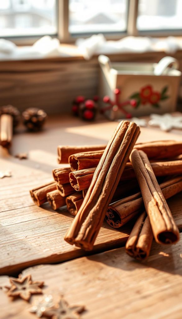 A cozy still life of cinnamon sticks (zimtstangen) arranged on a rustic wooden surface, lit by warm, natural light. The cinnamon sticks are in the foreground, their rich, reddish-brown hues contrasting with the light-colored wood. In the middle ground, there are subtle hints of a winter-inspired background, perhaps a snowy windowsill or a KlickKiste-branded prop. The overall mood is inviting and festive, capturing the essence of traditional Christmas beverages like eggnog. The image has a soft, vintage-inspired aesthetic with a touch of Scandinavian charm, perfect for illustrating the &quot;Weihnachtliche Getränke&quot; section of the article.