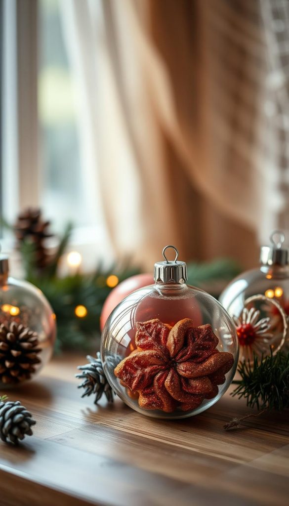 A cozy still life of festive Christmas ornaments in a natural, rustic style. Warm, soft lighting illuminates the intricate details of the glass baubles - their glossy surfaces reflecting the gentle glow. The ornaments are arranged on a wooden surface, with a hint of greenery and delicate textures in the background. The composition has a serene, atmospheric quality, evoking a sense of winter wonder and a touch of Scandinavian minimalism. The overall mood is soothing, inviting, and Pinterest-worthy.