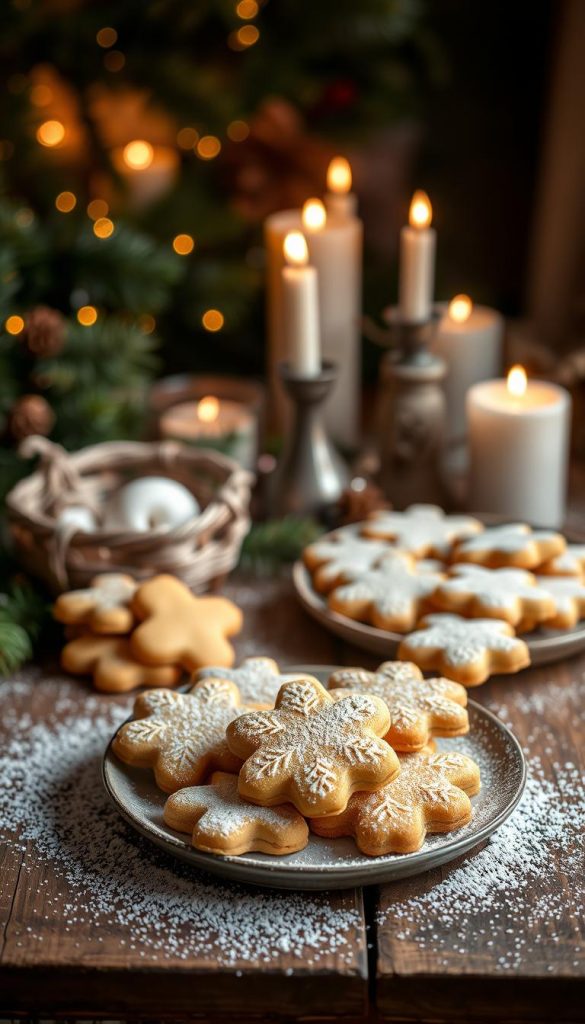 A cozy still life of homemade &quot;Weihnachtsgebäck&quot; (Christmas baked goods) on a rustic wooden table. The foreground features a plate of traditional German Butter cookies, their golden-brown edges and delicate shapes casting soft shadows. In the middle ground, a dusting of powdered sugar evokes a snowy winter scene. The background is filled with pine branches, candles, and a warm, glowing light, creating a festive, hygge-inspired atmosphere. The overall mood is natural, wholesome, and inviting. Captured with a shallow depth of field for a KlickKiste-style, Pinterest-worthy aesthetic.