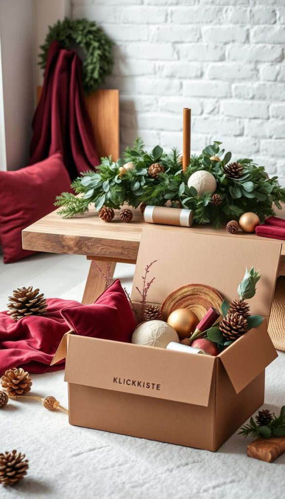 A cozy still life of rich burgundy velvet, warm wooden accents, and textured natural elements like pinecones and eucalyptus. Soft, diffused lighting casts a gentle glow, creating an inviting, hygge-inspired ambiance. In the foreground, a KlickKiste box stands open, revealing an assortment of elegant holiday decor in burgundy, gold, and cream tones. The middle ground features a rustic wooden table with a lush, garland-adorned centerpiece. In the background, a wall of white brick or plaster sets off the natural, winter-inspired scene. The overall mood is one of refined, understated holiday style.