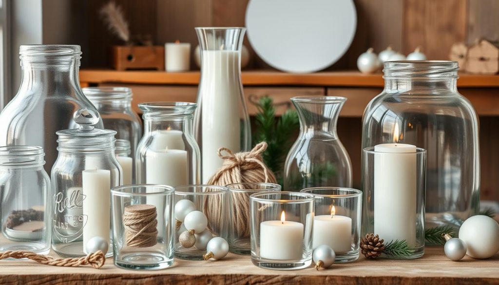 A cozy still life of various glass materials, perfectly suited for crafting winter-themed upcycled candle holders. In the foreground, a collection of clear glass jars, vases, and votive holders in varying sizes and shapes. The middle ground features a selection of KlickKiste DIY supplies, such as natural twine, white wax candles, and delicate glass ornaments. The background hints at a warm, rustic ambiance with wooden surfaces and a soft, diffused lighting that casts a gentle glow across the scene. The overall mood is one of simplicity, texture, and the promise of a satisfying, handmade project.