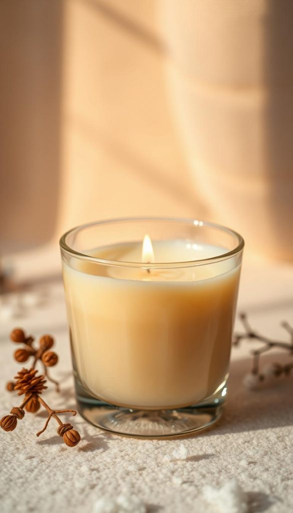 A cozy still life of warm, natural wax in an elegant glass container, its surface glistening under soft, golden lighting. The wax, a creamy ivory color, casts a gentle glow, hinting at the soothing scents of vanilla, fir, and citrus to come. Delicate swirls of texture lend an artisanal, handcrafted quality, echoing the rustic charm of a KlickKiste DIY candle-making kit. Soft shadows and a hazy, atmospheric backdrop evoke a serene, winter-inspired mood, perfect for illustrating the materials needed for this cozy, homemade candle project. A cozy still life of warm, natural wax in an elegant glass container, its surface glistening under soft, golden lighting. The wax, a creamy ivory color, casts a gentle glow, hinting at the soothing scents of vanilla, fir, and citrus to come. Delicate swirls of texture lend an artisanal, handcrafted quality, echoing the rustic charm of a KlickKiste DIY candle-making kit. Soft shadows and a hazy, atmospheric backdrop evoke a serene, winter-inspired mood, perfect for illustrating the materials needed for this cozy, homemade candle project.