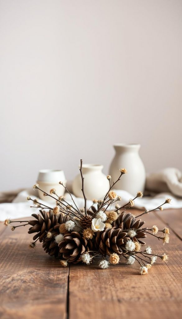 A cozy still life scene featuring a delicate &quot;deko&quot; arrangement on a rustic wooden surface. In the foreground, a cluster of natural elements - pinecones, dried flowers, and twigs - are carefully curated, their soft, earthy tones complemented by the warm, ambient lighting. In the middle ground, a few simple ceramic vessels add subtle pops of color, while the background showcases a textured, neutral wall, creating a serene, inviting atmosphere. The overall composition has a natural, handcrafted aesthetic, evoking a sense of hygge and inspiring winter DIY projects using found materials from a peaceful woodland stroll.