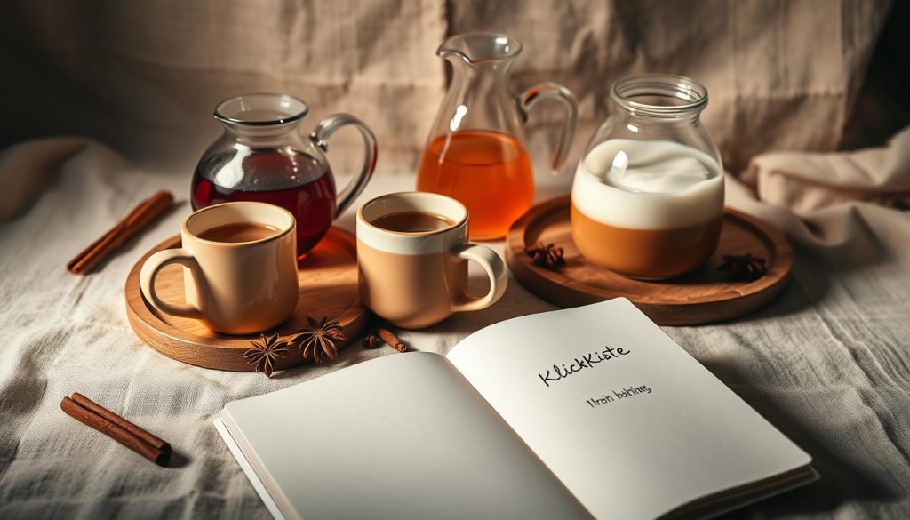 A cozy still life scene featuring an assortment of pinnable beverages. Warm-toned ceramic mugs, glass carafes, and rustic wooden trays are arranged on a natural linen backdrop. Hints of cinnamon sticks, star anise, and other spices add depth. Ambient lighting casts a soft glow, accentuating the textures and colors. In the foreground, a notebook labeled "KlickKiste" lies open, inviting the viewer to document and share these DIY drink ideas. The overall mood is inviting, elegant, and perfectly Pinterest-worthy.