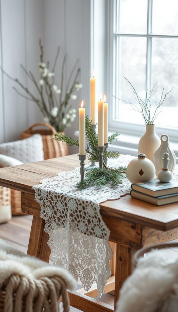 A cozy, still-life scene in a Scandinavian winter wonderland. A wooden table is adorned with a delicate lace runner, a cluster of ivory candles, and a sprig of fresh pine. Soft, natural light filters through a frosted window, casting a warm, inviting glow. Surrounding the table, a mix of rustic and minimalist decor elements - a woven basket, a ceramic vase, and a stack of vintage books. The overall mood is one of simple elegance, hygge, and serene festivity, capturing the essence of a Scandinavian-inspired Christmas look. Detailed, realistic rendering with a shallow depth of field.