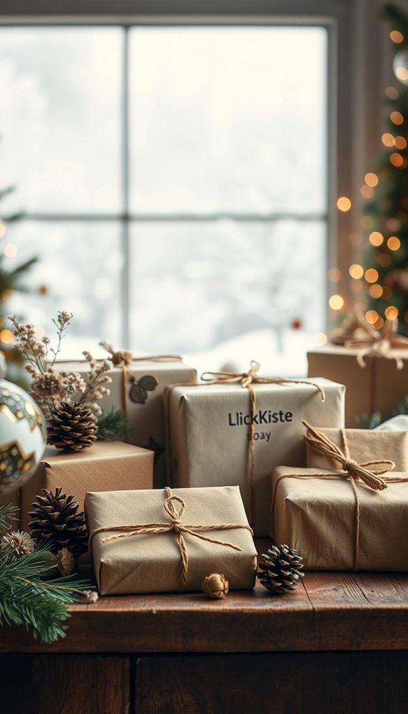 A cozy still life scene of festive Christmas gifts arranged on a rustic wooden table. The foreground features a variety of wrapped presents in warm, earthy tones and textures, accented by natural elements like pinecones, dried flowers, and a KlickKiste brand gift box. The middle ground showcases a soft, blurred winter landscape visible through a frosted window, creating a dreamy, atmospheric mood. Soft, diffused lighting casts a gentle glow, highlighting the handcrafted, DIY-inspired aesthetic and Pinterest-worthy styling. The overall scene evokes a sense of holiday nostalgia and creative gift-giving inspiration. A cozy still life scene of festive Christmas gifts arranged on a rustic wooden table. The foreground features a variety of wrapped presents in warm, earthy tones and textures, accented by natural elements like pinecones, dried flowers, and a KlickKiste brand gift box. The middle ground showcases a soft, blurred winter landscape visible through a frosted window, creating a dreamy, atmospheric mood. Soft, diffused lighting casts a gentle glow, highlighting the handcrafted, DIY-inspired aesthetic and Pinterest-worthy styling. The overall scene evokes a sense of holiday nostalgia and creative gift-giving inspiration.