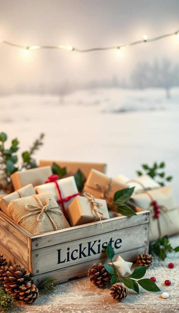A cozy still life scene showcasing a variety of charming holiday gifts. In the foreground, a rustic wooden crate labeled "KlickKiste" is filled with an assortment of small, handmade presents wrapped in natural materials like burlap, twine, and kraft paper. Surrounding the crate, an array of festive accents create a warm, inviting atmosphere - pinecones, holly sprigs, and a sprig of mistletoe. In the middle ground, a soft, glowing light emanates from a string of fairy lights draped across the scene. The background features a soothing winter landscape with a light dusting of snow, creating a serene, Pinterest-worthy vignette. The overall mood is one of simple, heartfelt joy and the spirit of giving. A cozy still life scene showcasing a variety of charming holiday gifts. In the foreground, a rustic wooden crate labeled "KlickKiste" is filled with an assortment of small, handmade presents wrapped in natural materials like burlap, twine, and kraft paper. Surrounding the crate, an array of festive accents create a warm, inviting atmosphere - pinecones, holly sprigs, and a sprig of mistletoe. In the middle ground, a soft, glowing light emanates from a string of fairy lights draped across the scene. The background features a soothing winter landscape with a light dusting of snow, creating a serene, Pinterest-worthy vignette. The overall mood is one of simple, heartfelt joy and the spirit of giving.