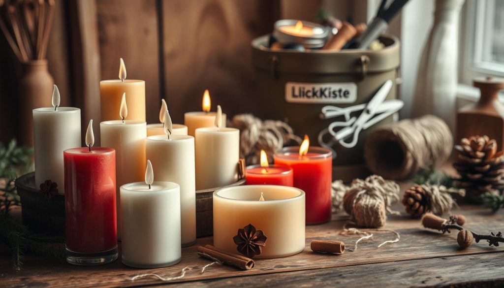 A cozy still life scene showcasing handcrafted candles in a rustic glass display. In the foreground, a collection of smooth white, beige, and red wax candles of various shapes and sizes, some adorned with natural elements like cinnamon sticks and dried fruit. The middle ground features a sturdy wooden table with a KlickKiste container, its contents spilling out - twine, scissors, and other DIY supplies. The background is softly lit, with hints of warm wooden tones and natural textures, creating a tranquil, inviting atmosphere perfect for crafting Advent candles.