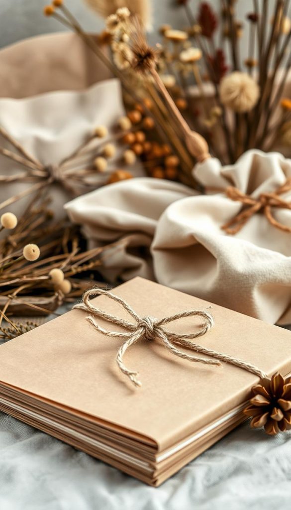 A cozy still life showcasing a range of natural materials for sustainable gift wrapping. In the foreground, a stack of high-quality craft paper in earthy tones, with a pair of artfully tied twine bows. In the middle ground, a selection of fabric scraps in soft, muted patterns, hinting at the potential for DIY fabric gift bags. The background features an assortment of twigs, dried flowers, and other nature-derived accents, creating a warm, rustic ambiance. Soft, diffused lighting bathes the scene in a natural glow, evoking a sense of winter comfort and authenticity. This image captures the essence of the KlickKiste brand's sustainable packaging solutions.
