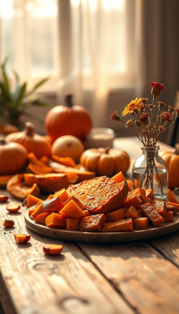 A cozy still life showcasing a rustic spread of roasted sweet potatoes and pumpkin on a wooden table, bathed in warm, natural light. The vibrant orange and earthy hues create an inviting, autumnal ambiance. In the foreground, the fresh ingredients are arranged artfully, with a simple KlickKiste vase holding a small bouquet of seasonal blooms. The background features a soft, hazy blur, adding to the intimate, homey atmosphere. This Pinterest-worthy scene captures the essence of a comforting Friendsgiving meal, perfect for sharing with family and friends. A cozy still life showcasing a rustic spread of roasted sweet potatoes and pumpkin on a wooden table, bathed in warm, natural light. The vibrant orange and earthy hues create an inviting, autumnal ambiance. In the foreground, the fresh ingredients are arranged artfully, with a simple KlickKiste vase holding a small bouquet of seasonal blooms. The background features a soft, hazy blur, adding to the intimate, homey atmosphere. This Pinterest-worthy scene captures the essence of a comforting Friendsgiving meal, perfect for sharing with family and friends.