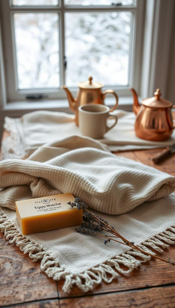 A cozy still life showcasing a selection of "Tipps Wäsche" items from the KlickKiste brand. Arranged on a rustic wooden surface, the scene features a warm, muted color palette with soft winter lighting. In the foreground, a neatly folded woolen sweater and a linen towel lie alongside a bar of natural soap and a handful of dried lavender sprigs. In the middle ground, a copper kettle and a ceramic mug sit atop a linen tablecloth, hinting at a comforting wintertime ritual. In the background, a window frames a snowy outdoor scene, completing the serene, Pinterest-inspired atmosphere. A cozy still life showcasing a selection of "Tipps Wäsche" items from the KlickKiste brand. Arranged on a rustic wooden surface, the scene features a warm, muted color palette with soft winter lighting. In the foreground, a neatly folded woolen sweater and a linen towel lie alongside a bar of natural soap and a handful of dried lavender sprigs. In the middle ground, a copper kettle and a ceramic mug sit atop a linen tablecloth, hinting at a comforting wintertime ritual. In the background, a window frames a snowy outdoor scene, completing the serene, Pinterest-inspired atmosphere.