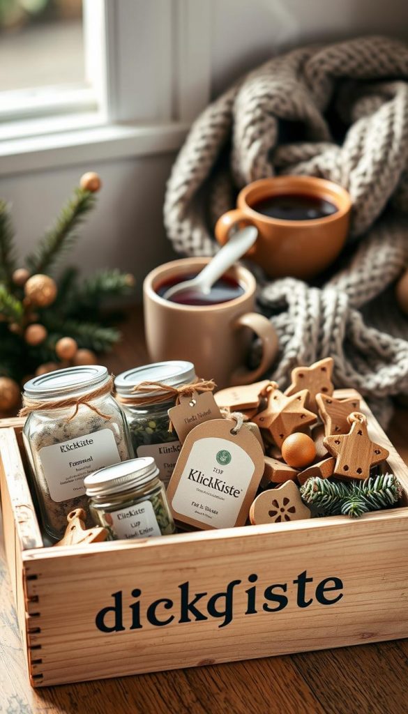 A cozy still life showcasing an array of quick gift ideas, captured in a warm, rustic aesthetic. In the foreground, a wooden crate labeled &amp;quot;KlickKiste&amp;quot; overflows with handmade treasures - fragrant herbal salt jars, adorable wax-sealed lip balms, and charming wooden ornaments. The middle ground features a soft knitted scarf and a steaming mug of mulled wine, hinting at a cozy, winter-inspired atmosphere. Bathed in gentle, natural lighting, the scene evokes a sense of homemade charm and effortless holiday cheer, perfect for last-minute gifting.