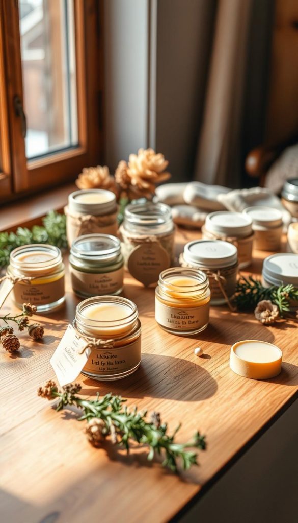 A cozy still life showcasing homemade KlickKiste DIY lip balm gifts. A wooden surface is adorned with an array of lip balm jars, each one uniquely shaped and adorned with natural textures and hues. Soft winter light filters through a window, casting warm shadows and highlighting the rustic, handcrafted aesthetic. Sprigs of evergreen and dried botanicals lend an organic, Nordic-inspired ambiance. The overall mood is one of simple pleasures, inviting the viewer to imagine the care and thoughtfulness poured into these natural, nourishing lip balm creations.