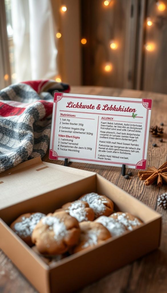 A cozy still life showcasing the &quot;Nährwerte &amp; Allergie-Hinweise&quot; for a batch of homemade Lebkuchen cookies. In the foreground, an open KlickKiste box reveals the soft, spiced treats, with a dusting of powdered sugar. In the middle ground, a vintage-inspired recipe card provides nutritional information and allergy notices. The background features a rustic wooden table, with a flannel throw and twinkling string lights creating a warm, winter-inspired atmosphere. Soft, natural lighting casts a glowing, Pinterest-worthy ambiance over the scene.