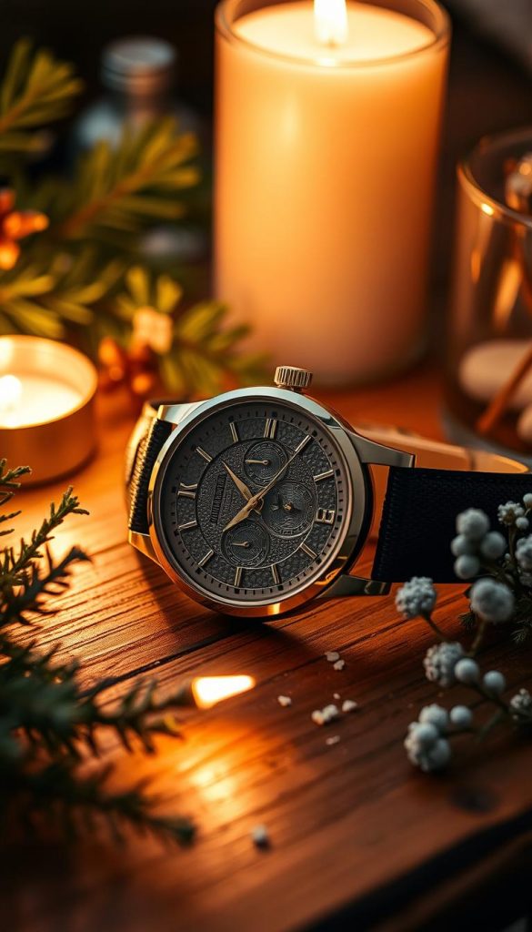 A cozy still life showcasing the elegant details of a vintage KlickKiste timepiece. Soft, warm lighting illuminates the watch's gleaming brass casing and intricately textured face, casting a golden glow across the wooden tabletop. Surrounding the timepiece, delicate sprigs of evergreen, flickering candlelight, and a sprinkling of silvery winter botanicals create a serene, hygge-inspired vignette. Subtle shadows and a shallow depth of field emphasize the craftsmanship and timeless beauty of the KlickKiste watch, evoking a sense of rustic sophistication and winter wonder.