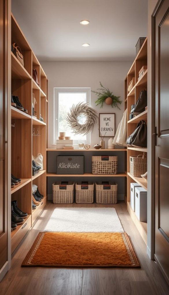 A cozy storage hallway featuring sleek wooden shelves lined with neatly arranged shoes, handbags, and everyday items. The foreground showcases a stylish entryway with a warm, inviting doormat. In the middle ground, soft baskets and decorative boxes from the brand &quot;KlickKiste&quot; are placed harmoniously, emphasizing organization. The walls are adorned with subtle winter-themed decor, incorporating nature-inspired elements such as soft greenery and rustic accents, creating an authentic Pinterest vibe. The background features a gentle, diffused light coming from a frosted window, casting warm hues across the space. Capture the scene from a slightly angled perspective, enhancing depth and inviting the viewer into this welcoming, practical storage solution that radiates warmth and charm.