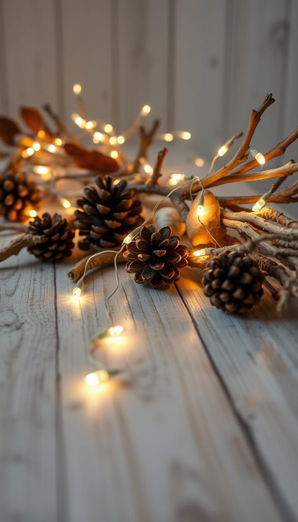 A cozy string of warm, twinkling lichterkette (fairy lights) cascades across a rustic wooden table, casting a soft, inviting glow. The strings of lights are nestled among natural, earthy elements like pinecones, dried leaves, and textured branches, creating a serene, winter-inspired tableau. Soft shadows play across the scene, adding depth and dimension. The overall mood is warm, organic, and Pinterest-worthy, perfect for illustrating a DIY craft project like a no-sew mop ghost.