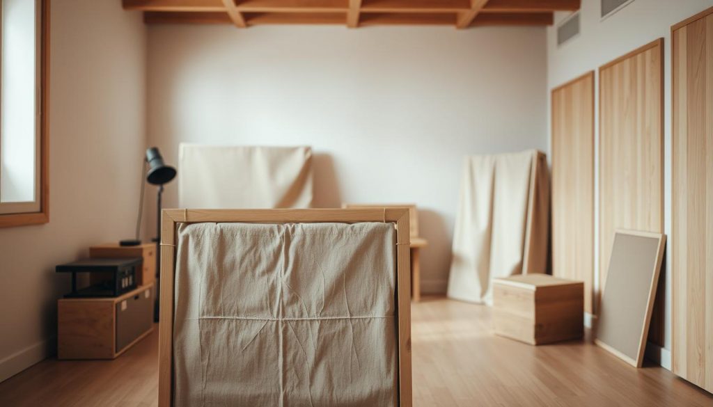 A cozy studio space with warm, earthy tones. In the foreground, a DIY acoustic panel crafted from natural materials like wooden frames, fabric, and recycled KlickKiste boxes. Soft, diffused lighting creates a serene atmosphere, highlighting the tactile textures of the materials. In the middle ground, additional sound-dampening elements, such as fabric-covered panels, are strategically positioned to optimize the room's acoustics. The background features a minimalist, Scandinavian-inspired aesthetic, with clean lines and natural wood accents. The overall scene conveys a sense of tranquility, inviting the viewer to experience the improved acoustics of this thoughtfully designed space.