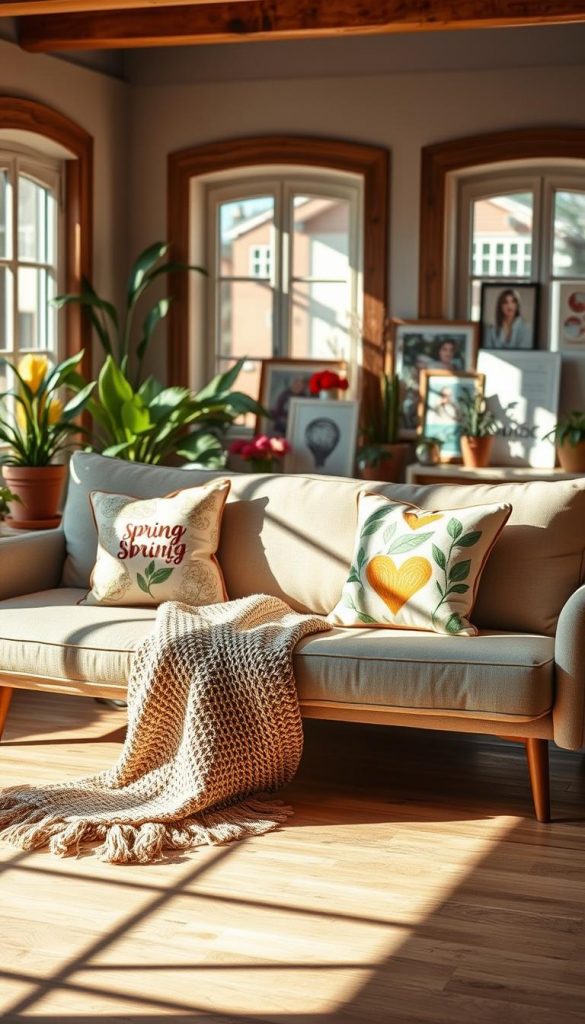 A cozy styling room featuring a stylish sofa bed adorned with decorative lumbar pillows, set against a backdrop of a warm, inviting living space. In the foreground, a textured, woven throw drapes over the sofa, while two vibrant spring-themed cushions add a pop of color. In the middle, the sofa bed is positioned gracefully, showcasing its versatile design. Natural light pours in through large windows, creating soft shadows that enhance the room's charm. The background displays houseplants and artful decor, evoking a Pinterest-inspired aesthetic. The overall atmosphere is cheerful and serene, reflecting the beauty of spring. This inspiring image represents the brand "KlickKiste," embodying natural DIY vibes with warm colors and hints of winter aesthetics.