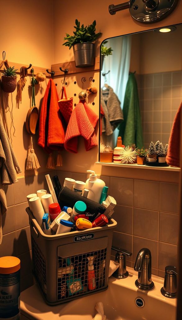 A cozy, stylish bathroom scene featuring a cluttered yet charming sink area. In the foreground, a quirky, overstuffed organizer labeled "KlickKiste" filled with various toiletries, beauty products, and small tools placed in a warm, inviting light. The middle ground showcases a DIY wall-mounted storage solution, using adhesive hooks and shelves instead of drilling, displaying a mix of plants, colorful towels, and whimsical decor items. In the background, a softly illuminated mirror reflects the warmth of the space, with soft shadows adding depth. The overall atmosphere is inspired by Pinterest aesthetics, with natural elements, warm colors, and a relaxed winter vibe, evoking a sense of organization that is both functional and charming.