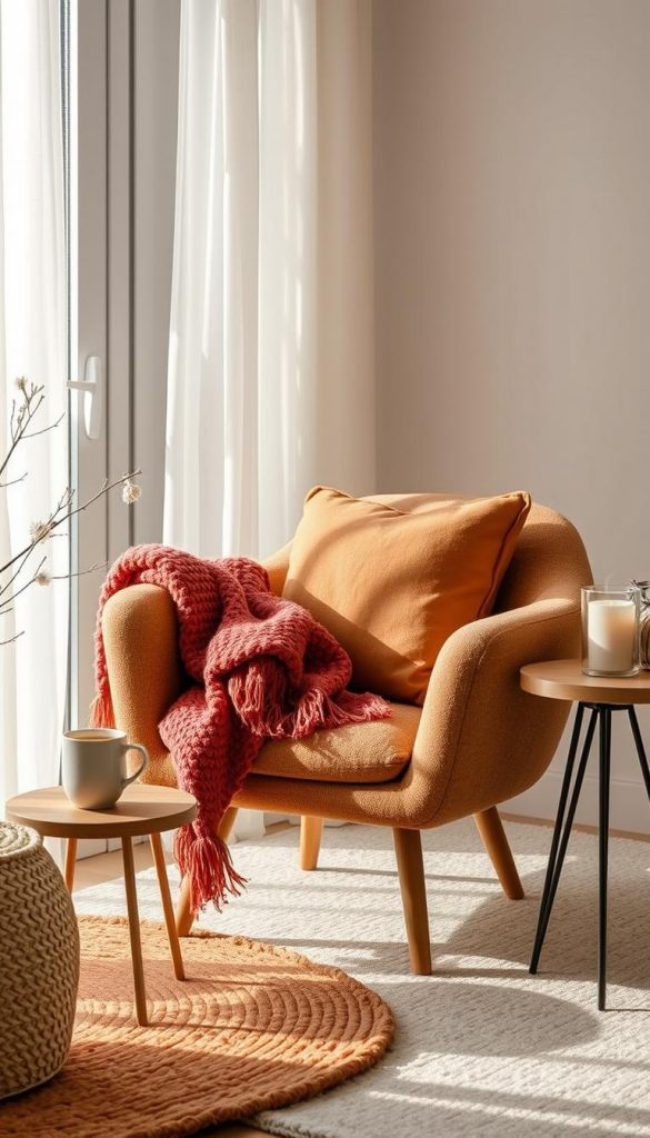 A cozy, stylish chair designed for small spaces, featuring a soft, textured fabric in warm earth tones, positioned against a backdrop of a softly lit room. The chair is adorned with a plush, colorful throw blanket and matching cushions, showcasing modern aesthetics. Surrounding the chair, a small wooden side table holds a steaming cup of tea and a decorative candle, enhancing the inviting atmosphere. The background features a softly illuminated window with sheer curtains, allowing gentle winter sunlight to filter through, creating a peaceful ambiance. The scene captures a winter vibe, reminiscent of Pinterest-inspired interior designs while reflecting the brand &quot;KlickKiste&quot; through this warm and authentic DIY-styled composition.