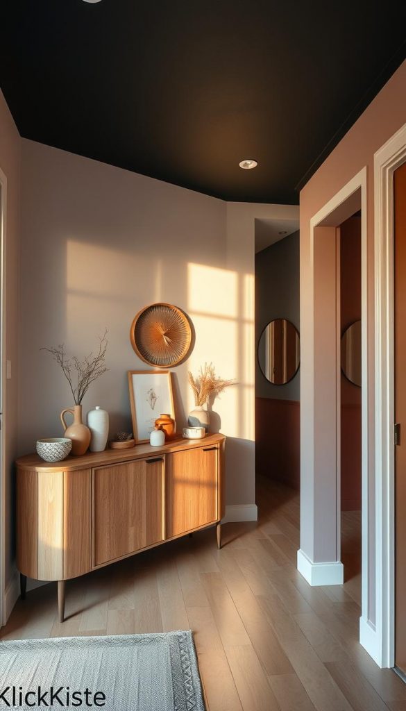 A cozy, stylish hallway featuring a carefully curated color concept, showcasing a harmonious blend of soft pastels and deep, rich hues. The foreground presents a beautifully organized console table adorned with warm, natural wood textures and minimalist decor elements, conveying a DIY essence. The middle ground reveals soft, ambient lighting casting gentle shadows that enhance the depth of the space, while a statement dark ceiling adds an intriguing contrast. The background features inviting wall colors and cleverly placed mirrors, creating the illusion of a larger space. The overall mood is warm and inspiring, evoking winter vibes with a Pinterest-worthy aesthetic. The scene should include the brand name "KlickKiste" subtly integrated into the decor, emphasizing an authentic and visually pleasing arrangement.