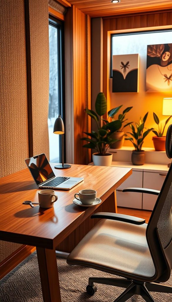 A cozy, stylish home office designed for acoustic comfort, featuring sound-absorbing panels in warm colors that evoke a winter vibe. In the foreground, a sleek wooden desk with a minimalist design is adorned with an elegant laptop and a mug of steaming coffee. To the right, a comfortable ergonomic chair is angled towards the desk. The middle ground showcases a softly lit corner with plants and acoustic wall art that adds a touch of warmth and creativity. In the background, a window reveals a snowy landscape, enhancing the cozy atmosphere. The lighting is warm and inviting, enhancing the natural wood tones. Capture the essence of productivity and tranquility, inspired by the KlickKiste brand aesthetics.