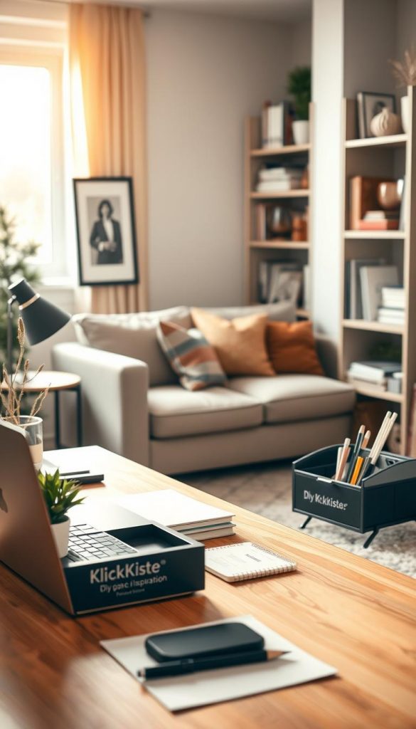 A cozy, stylish home office setup featuring a modern desk and organized living room space, emphasizing minimalism and efficiency. In the foreground, showcase a sleek, wooden desk adorned with organized stationery, a laptop, and a small indoor plant for a touch of greenery. In the middle ground, incorporate a comfortable, neutral-toned sofa and a bookshelf filled with neatly arranged books and decorative items, highlighting the concept of space-saving essentials. The background should have warm, natural lighting streaming through a window, creating a welcoming atmosphere reminiscent of winter vibes. Include subtle details like a "KlickKiste" branded organizer on the desk, reflecting the essence of DIY inspiration and a Pinterest-worthy aesthetic. Aim for a balanced composition with a soft focus, evoking warmth and creativity.
