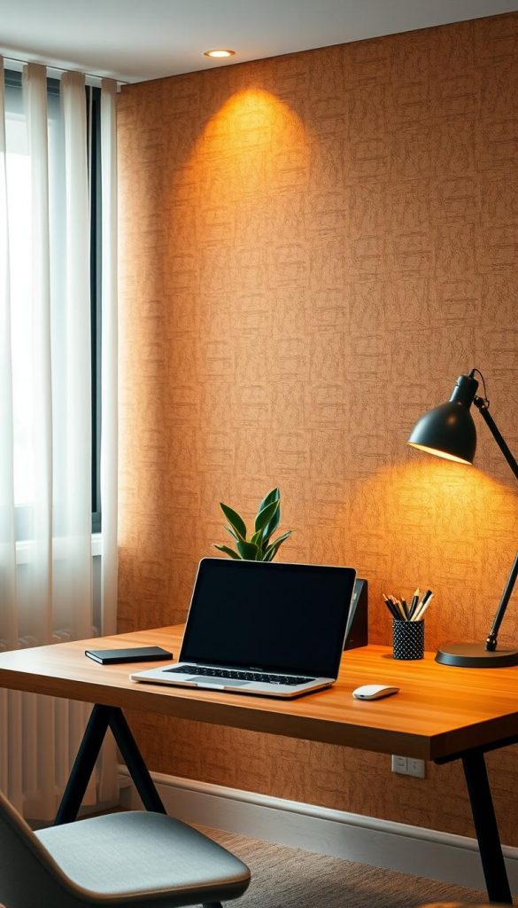 A cozy, stylish home office space featuring an accent wall made of warm-toned cork by KlickKiste. In the foreground, a sleek wooden desk showcases a laptop, a potted plant, and minimal stationery. The middle ground reveals the striking cork wall, beautifully textured with natural patterns and shades, giving the room an inviting atmosphere. Soft, warm lighting casts a gentle glow, enhancing the wall's features while creating a sense of comfort. In the background, a window with sheer curtains allows natural light to filter in, balancing the warm colors of the cork with soft, winter vibes. The overall ambiance is authentic and inspiring, perfect for maximizing a small workspace while maintaining style and functionality.