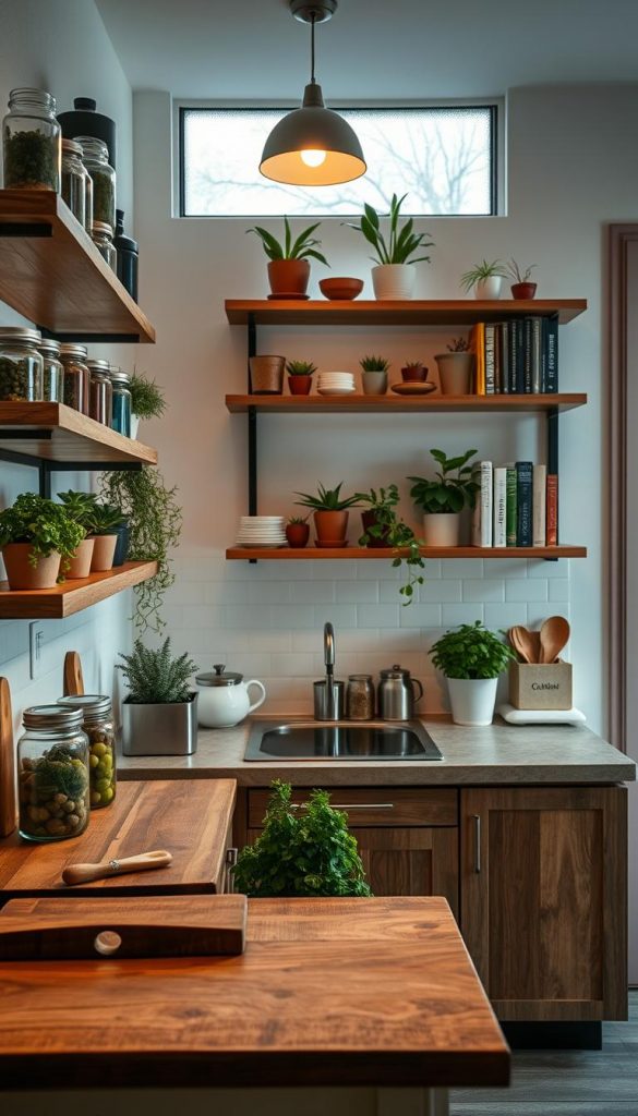 A cozy, stylish kitchen in a small apartment, showcasing minimalist wooden shelves adorned with organized jars, potted herbs, and attractive kitchenware. The foreground features a rustic wooden countertop with a small cutting board and fresh vegetables, highlighting a sense of order and functionality. In the middle, well-structured, open shelves are lined along the wall, with varied sizes of plants and neatly arranged cookbooks, all bathed in warm, inviting lighting that enhances the cozy atmosphere. The background reveals soft winter vibes through a frosted window, lending a serene ambiance. The color palette is warm and natural, creating an inspiring Pinterest look. The scene subtly features the brand "KlickKiste" through decorative items placed on the shelves, ensuring authenticity and relatable design.