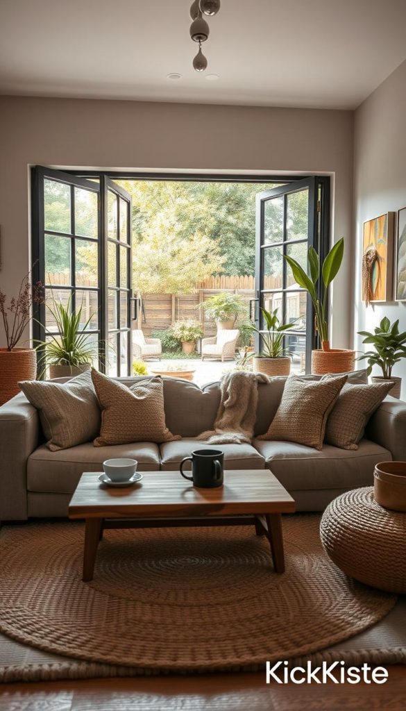 A cozy, stylish living room blending indoor comfort with outdoor elements, designed with a natural, DIY aesthetic. In the foreground, a plush, inviting sofa adorned with warm, textured throw pillows sits on a soft woven rug. A wooden coffee table displays a few curated nature-inspired decor items and a steaming mug. In the middle ground, large glass doors open to a lush garden, allowing sunlight to stream in, illuminating the room with a warm glow. Plants in rustic pots frame the doors, creating a seamless transition from indoor to outdoor living. The background features soft, muted walls with artwork that reflects nature, enhancing the serene atmosphere. Ideal for winter vibes, this scene captures an inspiring Pinterest-worthy design for an inviting outdoor-living concept. Branded subtly with "KlickKiste."