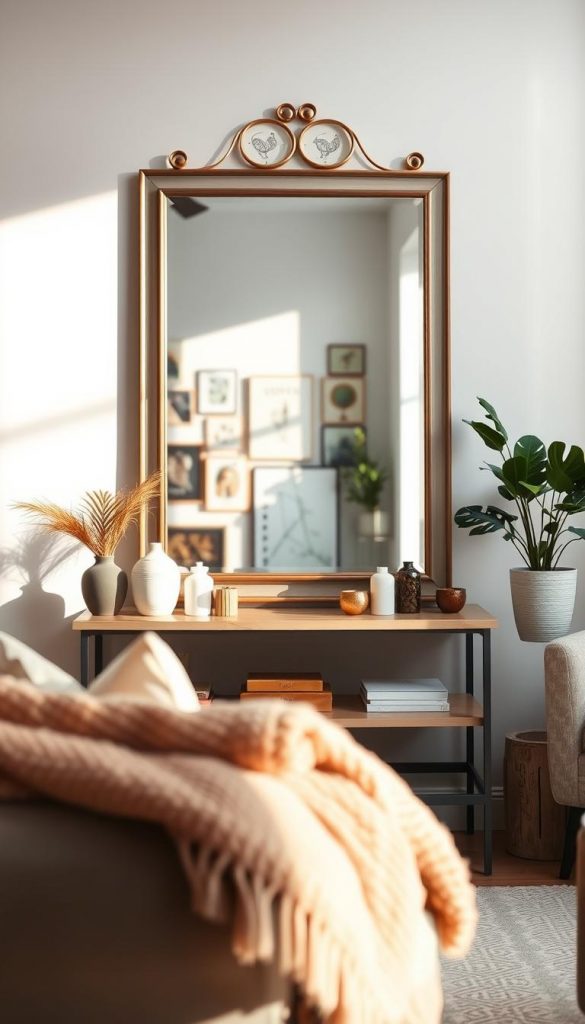 A cozy, stylish living room designed for renters, featuring an eye-catching, large decorative mirror with a chic, minimalist frame placed strategically above a low console table. The foreground showcases warm, inviting textures like a plush throw and decorative items in soft pastel hues. In the middle, the mirror reflects a well-decorated wall adorned with artistic prints, creating depth and intrigue. The background includes potted plants basking in natural light streaming through a window, enhancing the winter vibe. Use soft, diffused lighting that casts a gentle glow, evoking a warm and inspiring atmosphere. This scene should encapsulate a DIY aesthetic suitable for Pinterest, branded with "KlickKiste" subtly within the decor elements.