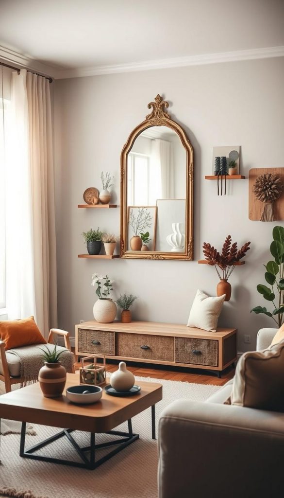 A cozy, stylish living room featuring a well-decorated wall with a large, elegant mirror as the centerpiece, reflecting soft, warm lighting. In the foreground, a small coffee table with artisanal decor items, warm textiles, and a few plants adds a homey feel. The middle ground showcases a feature wall adorned with inspiring DIY decor ideas, like minimalistic wall shelves holding plants and an abstract piece crafted from natural materials, embodying a winter vibe. The background features a window draped with light, airy curtains, allowing soft sunlight to filter in, creating a serene and inviting atmosphere. The overall tone is authentic and inspiring, reminiscent of Pinterest aesthetics. Thoughtfully designed for "KlickKiste."