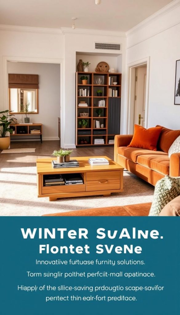 A cozy, stylish living room showcasing innovative furniture solutions for small spaces, designed by KlickKiste. The foreground features a multifunctional coffee table with hidden storage, surrounded by an elegant sofa with built-in compartments, all in warm, inviting colors. In the middle ground, a chic bookshelf merges storage and decor, adorned with plants and books. The background reveals an organized entryway with a sleek bench that doubles as shoe storage. Bright, natural lighting floods the space, enhancing the warm tones and creating a welcoming atmosphere. The image should convey an inspiring, Pinterest-worthy vibe, emphasizing clever, space-saving furniture ideas perfect for small apartments, with a touch of winter ambiance through subtle decorative elements.