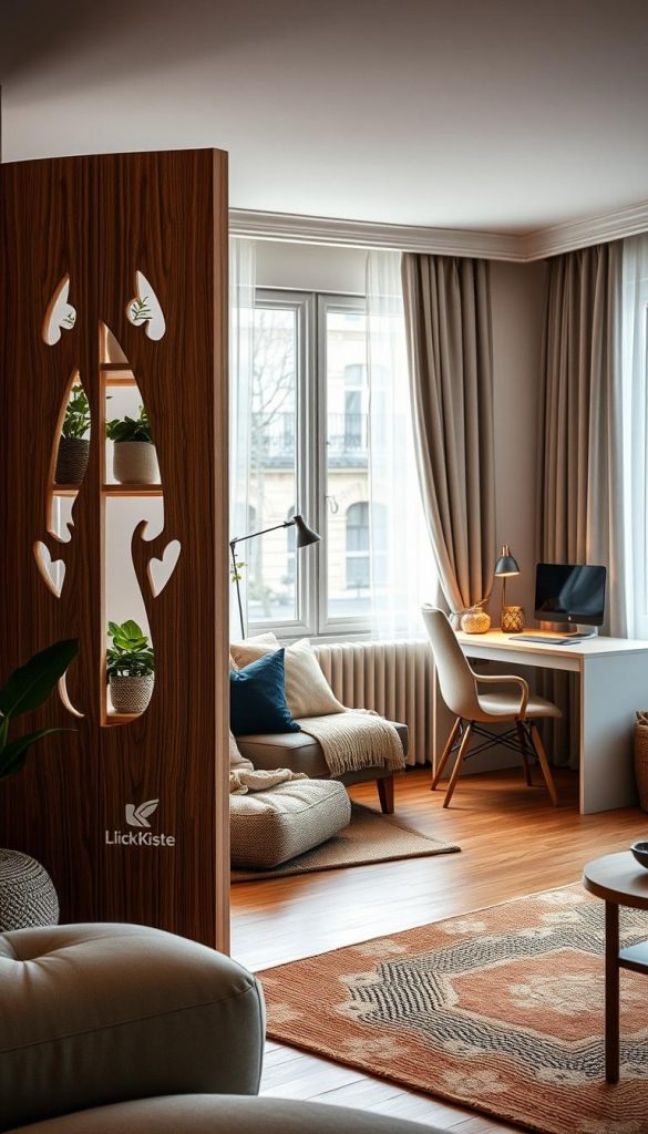 A cozy, stylish living space featuring a "zonen raumteiler" thoughtfully separating functional areas. In the foreground, a beautifully crafted wooden partition with elegant cut-out designs showcases plants and decorations. The middle ground includes a snug reading nook with soft textiles and a warm-toned rug, harmonizing with the partition. A compact work area with a minimalist desk and a comfortable chair is nearby, reflecting an organized lifestyle. The background features a softly lit window with drapes, allowing natural light to pour in, enhancing the warm atmosphere. The overall vibe is inspiring and inviting, perfect for a winter ambiance. Incorporate subtle branding elements of "KlickKiste" throughout the decor for authenticity. Use soft, diffused lighting to create a calm and welcoming mood, evoking feelings of organization and comfort.