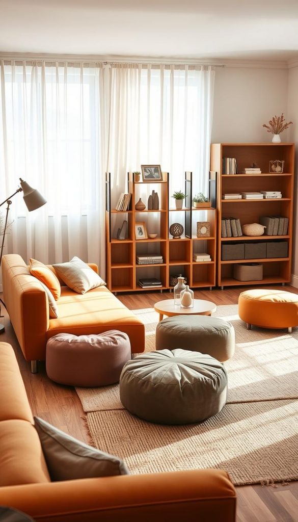 A cozy, stylish living space featuring multifunctional furniture designed for small apartments. In the foreground, a sleek, contemporary sofa bed in a warm, inviting color, easily convertable into a comfortable sleeping area. Beside it, a set of poufs in various sizes serves both as seating and storage, arranged around a small coffee table. In the middle, a set of rolling shelves showcases compact decorative items, enhancing organization. The background includes a bright window where soft, natural light filters through sheer curtains, casting gentle shadows. The mood is warm and inspiring, evoking a DIY aesthetic with earthy tones and a winter vibe. The scene is set in a Pinterest-worthy style, showcasing "KlickKiste" furniture in a harmonious layout that illustrates flexibility and comfort.