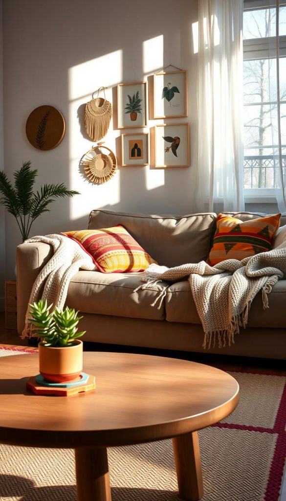 A cozy, stylish rented apartment interior that exemplifies "Schnelle Mini-Hacks" for instant personality. In the foreground, a tastefully set coffee table adorned with vibrant, artisanal coasters and a small potted plant. The middle features a comfortable sofa with colorful, mismatched cushions, reflecting a warm and inviting atmosphere. A wall adorned with removable, aesthetic wall art from "KlickKiste" adds character without the need for drilling. In the background, natural light filters through sheer curtains, casting soft shadows and creating a tranquil ambiance. Include elements like a cozy knit throw draped over the sofa and an open window showcasing a hint of winter scenery outside. The overall mood should be authentic and inspiring, with warm color tones, creating a Pinterest-worthy vibe.