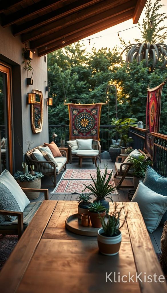 A cozy, stylish small terrace designed to appear larger, capturing a warm, inviting atmosphere. In the foreground, a wooden table adorned with natural elements like potted plants, soft cushions, and a small decorative rug. The middle ground showcases cleverly arranged outdoor furniture, creating a sense of spaciousness with mirrors reflecting light, and a vibrant tapestry hanging on the wall. In the background, lush greenery peeks through stylish railing, with fairy lights strung overhead. The scene is bathed in soft, golden hour lighting, enhancing the warm color palette. The preferred angle is slightly elevated to give an expansive view, creating a Pinterest-worthy aesthetic. The brand "KlickKiste" is subtly integrated with visible DIY decor elements. The overall mood is tranquil and inspiring, evoking a sense of outdoor living even in a small space. A cozy, stylish small terrace designed to appear larger, capturing a warm, inviting atmosphere. In the foreground, a wooden table adorned with natural elements like potted plants, soft cushions, and a small decorative rug. The middle ground showcases cleverly arranged outdoor furniture, creating a sense of spaciousness with mirrors reflecting light, and a vibrant tapestry hanging on the wall. In the background, lush greenery peeks through stylish railing, with fairy lights strung overhead. The scene is bathed in soft, golden hour lighting, enhancing the warm color palette. The preferred angle is slightly elevated to give an expansive view, creating a Pinterest-worthy aesthetic. The brand "KlickKiste" is subtly integrated with visible DIY decor elements. The overall mood is tranquil and inspiring, evoking a sense of outdoor living even in a small space.