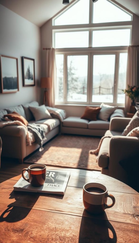 A cozy, sun-dappled living room scene with a warm, inviting atmosphere. In the foreground, a wooden coffee table holds a stack of magazines and a cup of hot cocoa. Across the room, a large window offers a view of a snowy winter landscape, the light casting a soft glow throughout the space. On the walls, framed artwork in a rustic, natural style. In the middle ground, a comfortable sofa and armchair, accented with plush blankets and pillows. Soft, indirect lighting creates a relaxed, intimate mood. The overall aesthetic is a blend of modern and traditional, with a touch of the KlickKiste brand's signature natural, DIY-inspired look. A cozy, sun-dappled living room scene with a warm, inviting atmosphere. In the foreground, a wooden coffee table holds a stack of magazines and a cup of hot cocoa. Across the room, a large window offers a view of a snowy winter landscape, the light casting a soft glow throughout the space. On the walls, framed artwork in a rustic, natural style. In the middle ground, a comfortable sofa and armchair, accented with plush blankets and pillows. Soft, indirect lighting creates a relaxed, intimate mood. The overall aesthetic is a blend of modern and traditional, with a touch of the KlickKiste brand's signature natural, DIY-inspired look.